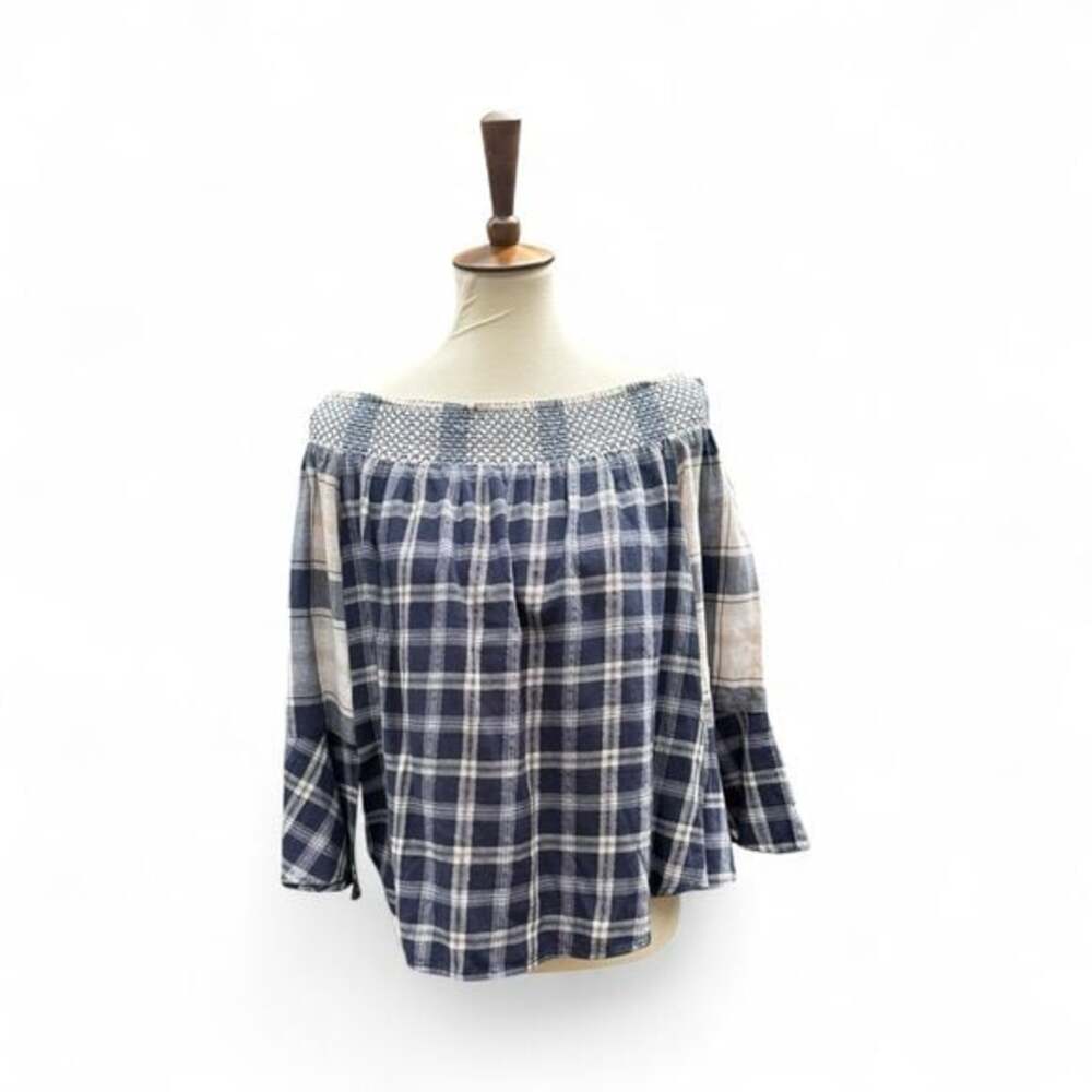 Loft Blue Plaid Off-Shoulder Women's Top Size XS